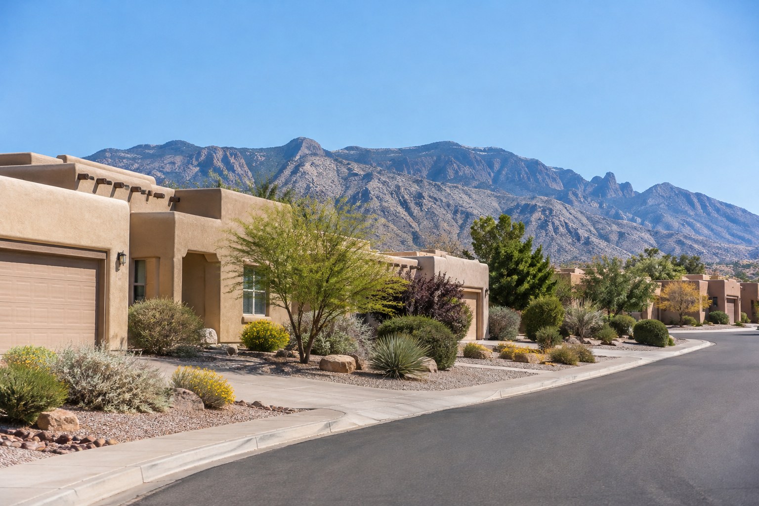 A quiet Albuquerque street of adobe style homes, illustrative