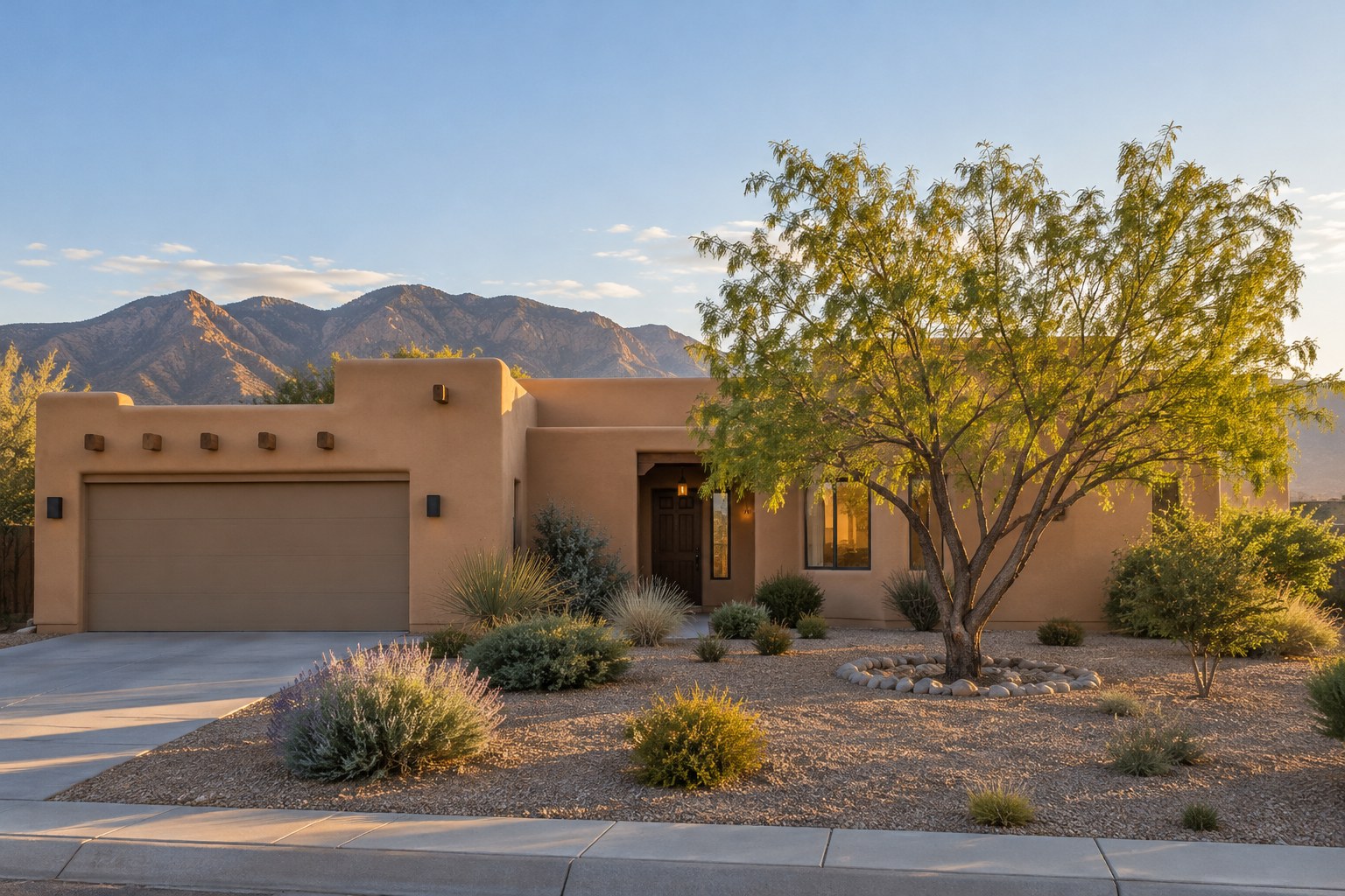An adobe style home with desert landscaping and mountains in warm evening light, illustrative