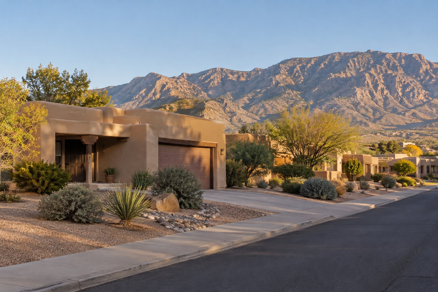 An Albuquerque street with desert landscaping, illustrative