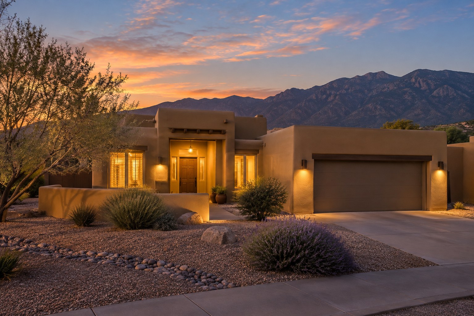 An adobe style home at dusk, illustrative